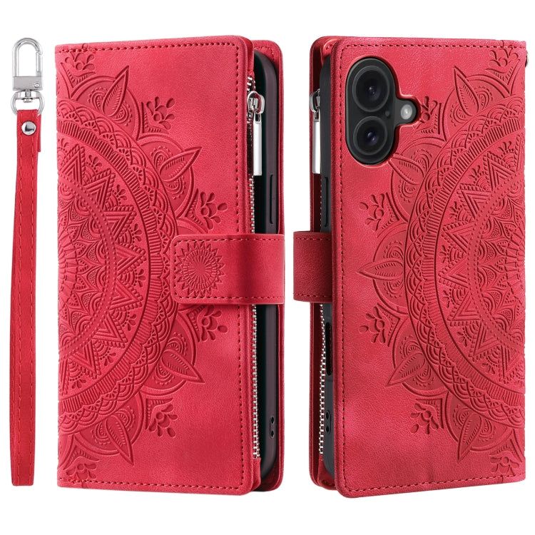 For iPhone 16 Multi-Card Totem Zipper Leather Phone Case(Red) - iPhone 16 Cases by buy2fix | Online Shopping UK | buy2fix