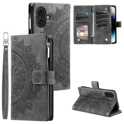 For iPhone 16 Multi-Card Totem Zipper Leather Phone Case(Grey) - iPhone 16 Cases by buy2fix | Online Shopping UK | buy2fix