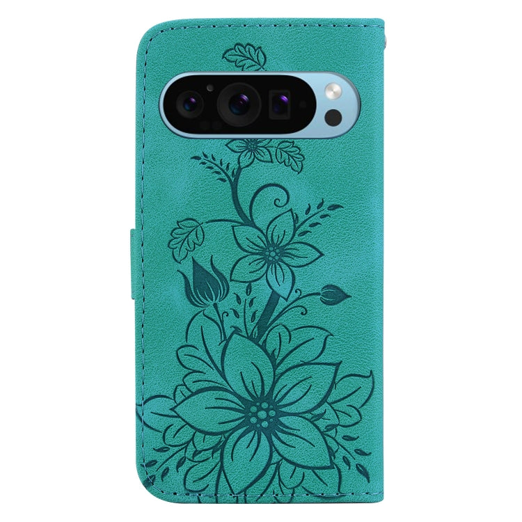 For Google Pixel 9 Pro Lily Embossed Leather Phone Case(Green) - Google Cases by buy2fix | Online Shopping UK | buy2fix