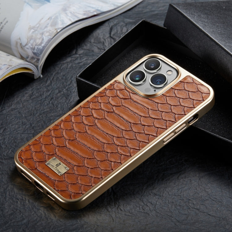 For iPhone 15 Pro Max Fierre Shann Python Texture Electroplating PU Phone Case(Brown) - iPhone 15 Pro Max Cases by FIERRE SHANN | Online Shopping UK | buy2fix