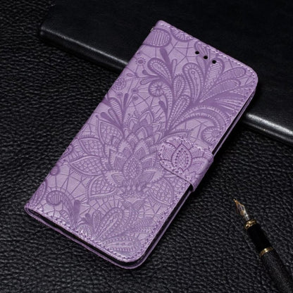 For iPhone 16 Pro Max Lace Flower Embossing Flip Leather Phone Case(Purple) - iPhone 16 Pro Max Cases by buy2fix | Online Shopping UK | buy2fix