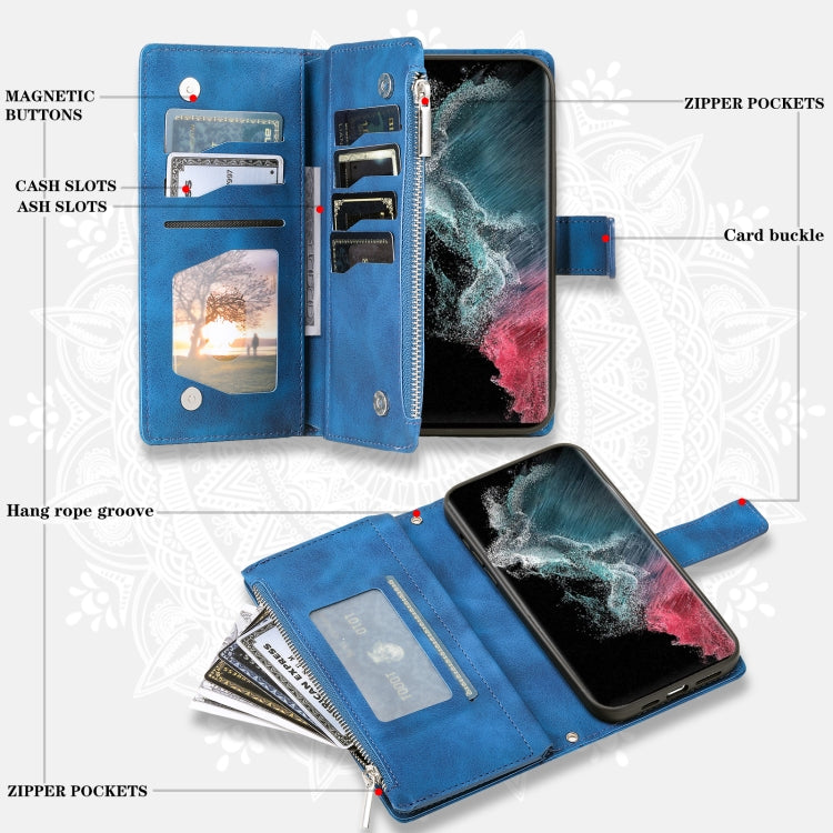 For Samsung Galaxy S22 Ultra 5G Multi-Card Totem Zipper Leather Phone Case(Blue) - Galaxy S22 Ultra 5G Cases by buy2fix | Online Shopping UK | buy2fix