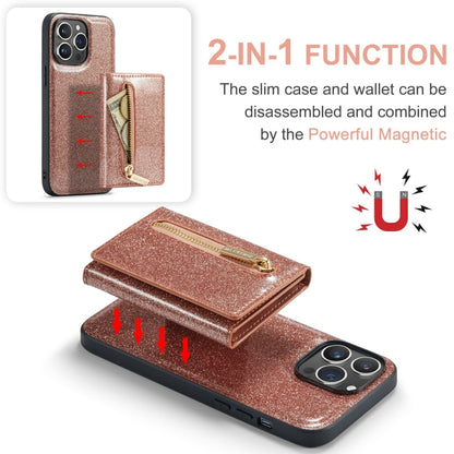 For iPhone 15 Pro DG.MING M3 Series Glitter Powder Card Bag Leather Phone Case(Rose Gold) - iPhone 15 Pro Cases by DG.MING | Online Shopping UK | buy2fix