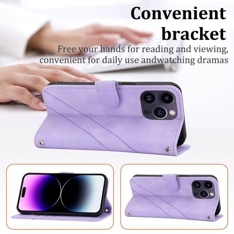 For iPhone 16 Pro Max Embossed Line Leather Phone Case with Lanyard(Purple) - iPhone 16 Pro Max Cases by buy2fix | Online Shopping UK | buy2fix