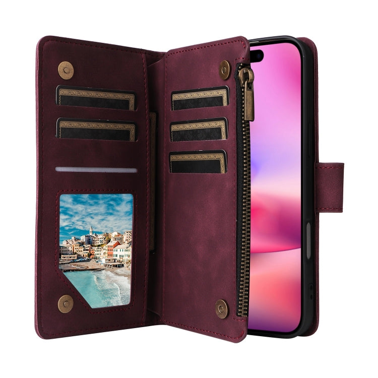 For iPhone 16 Plus Crossbody Multi-card Slot Wallet Zipper Leather Phone Case(Wine Red) - iPhone 16 Plus Cases by buy2fix | Online Shopping UK | buy2fix