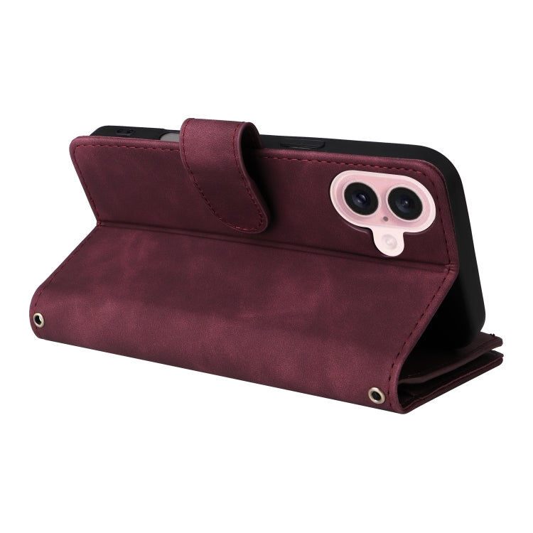 For iPhone 16 Plus Crossbody Multi-card Slot Wallet Zipper Leather Phone Case(Wine Red) - iPhone 16 Plus Cases by buy2fix | Online Shopping UK | buy2fix