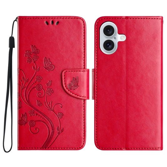 For iPhone 16 Plus Butterfly Flower Pattern Flip Leather Phone Case(Red) - iPhone 16 Plus Cases by buy2fix | Online Shopping UK | buy2fix