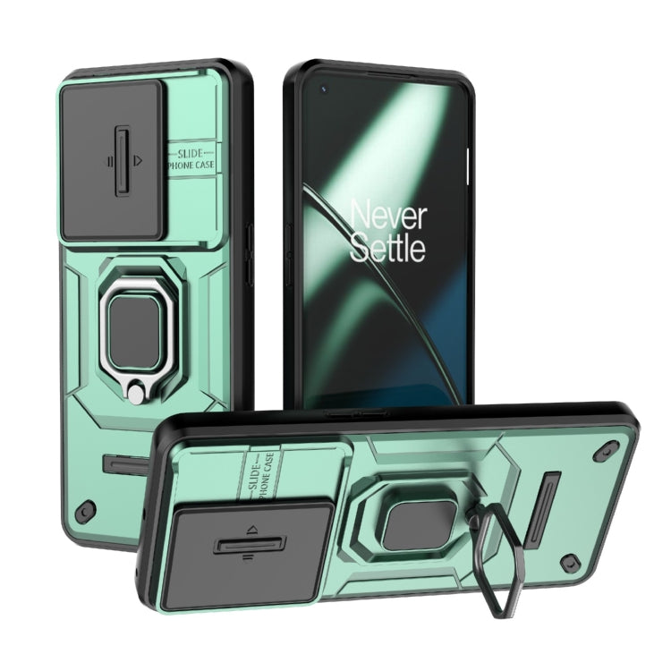 For OnePlus 11 5G Sliding Camshield TPU + PC Shockproof Phone Case with Holder(Green) - OnePlus Cases by buy2fix | Online Shopping UK | buy2fix