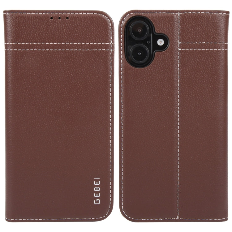 For iPhone 16 Plus GEBEI Top-grain Horizontal Flip Leather Phone Case(Brown) - iPhone 16 Plus Cases by GEBEI | Online Shopping UK | buy2fix