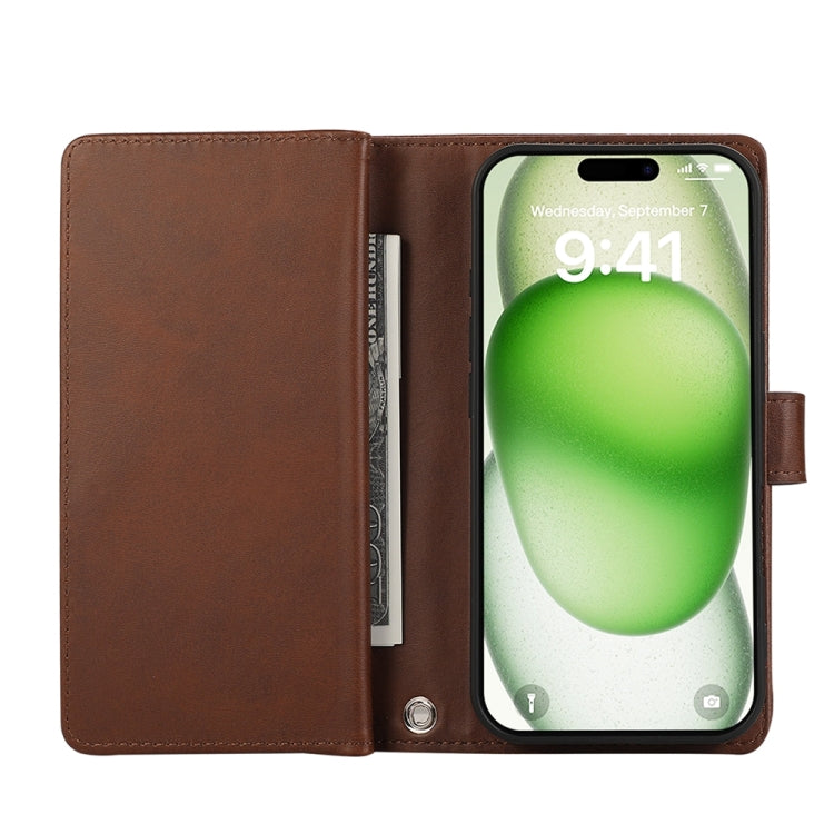 For iPhone 16 Wristband Card Slot Leather Phone Case(Coffee) - iPhone 16 Cases by buy2fix | Online Shopping UK | buy2fix