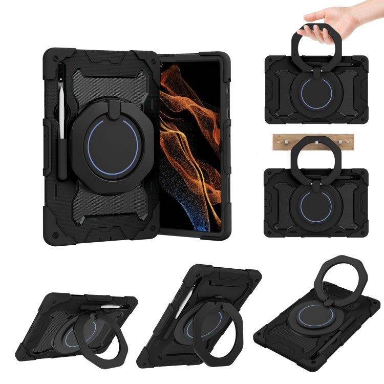 For Samsung Galaxy Tab S9 Ultra Armor Portable Rotating Ring Holder Silicone Tablet Case(Black) - Galaxy Tab S9 Ultra Cases by buy2fix | Online Shopping UK | buy2fix