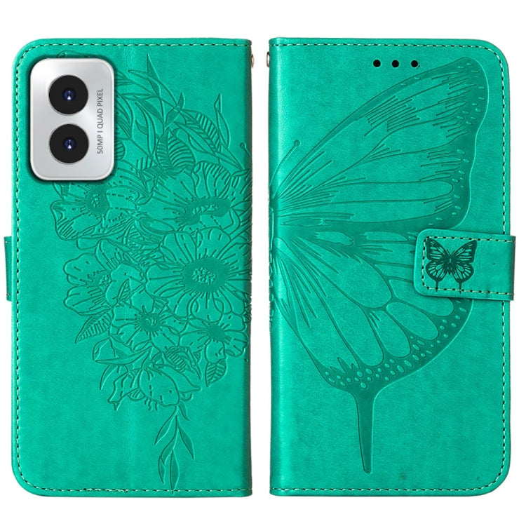 For Motorola Moto G Play 4G 2024 Embossed Butterfly Leather Phone Case(Green) - Motorola Cases by buy2fix | Online Shopping UK | buy2fix