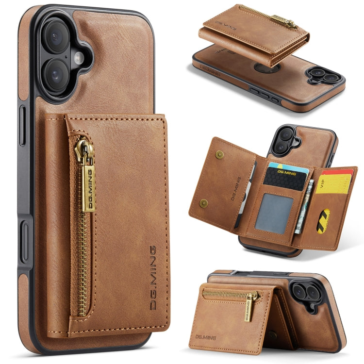 For iPhone 16 DG.MING M5 Series Zip RFID Multi Card Detachable Leather Phone Case(Brown) - iPhone 16 Cases by DG.MING | Online Shopping UK | buy2fix