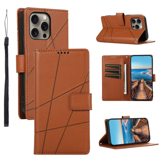 For iPhone 16 Pro Max PU Genuine Leather Texture Embossed Line Phone Case(Brown) - iPhone 16 Pro Max Cases by buy2fix | Online Shopping UK | buy2fix