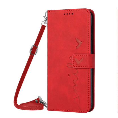 For OPPO A38 / Oppo A18 Skin Feel Heart Embossed Leather Phone Case with Long Lanyard(Red) - A18 Cases by buy2fix | Online Shopping UK | buy2fix