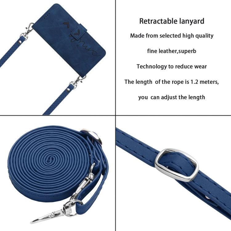 For Xiaomi Redmi K70 / K70 Pro Skin Feel Heart Embossed Leather Phone Case with Long Lanyard(Blue) - K70 Pro Cases by buy2fix | Online Shopping UK | buy2fix