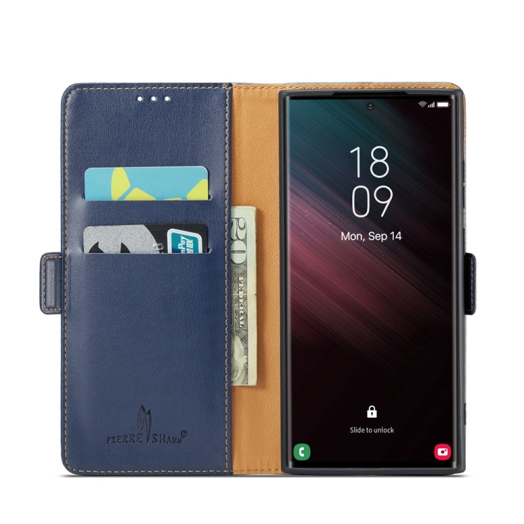 For Samsung Galaxy S24 Ultra 5G Fierre Shann PU Genuine Leather Texture Phone Case(Blue) - Galaxy S24 Ultra 5G Cases by FIERRE SHANN | Online Shopping UK | buy2fix