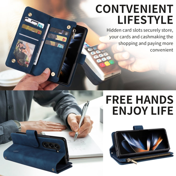 For Samsung Galaxy Z Fold5 Multifunctional Frosted Zipper Wallet Leather Phone Case(Blue) - Galaxy Z Fold5 Cases by buy2fix | Online Shopping UK | buy2fix