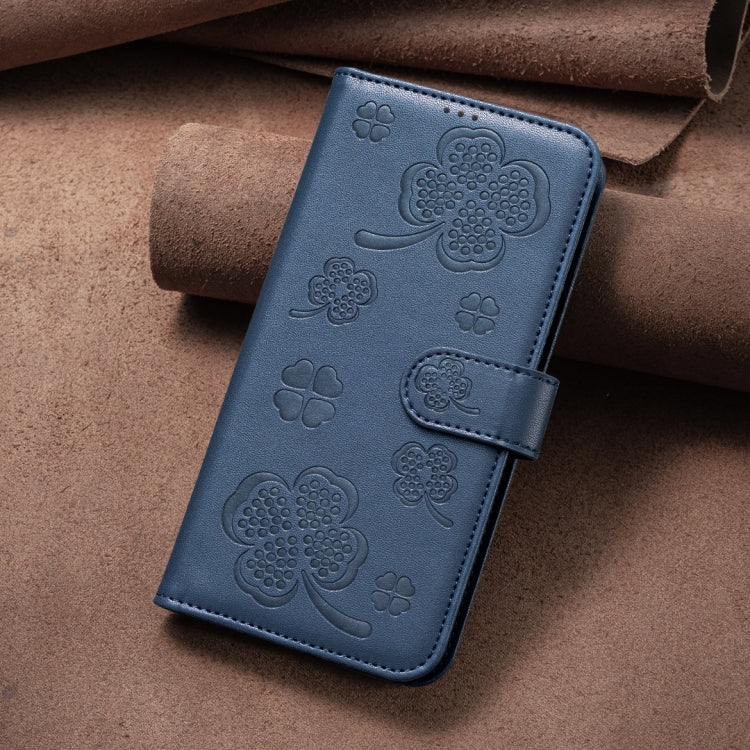 For iPhone 16 Four-leaf Embossed Leather Phone Case(Blue) - iPhone 16 Cases by buy2fix | Online Shopping UK | buy2fix