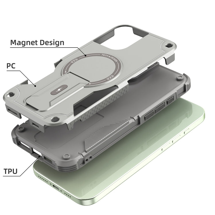 For iPhone 16 Plus Armor Magsafe Holder PC Hybrid TPU Phone Case(Grey) - iPhone 16 Plus Cases by buy2fix | Online Shopping UK | buy2fix