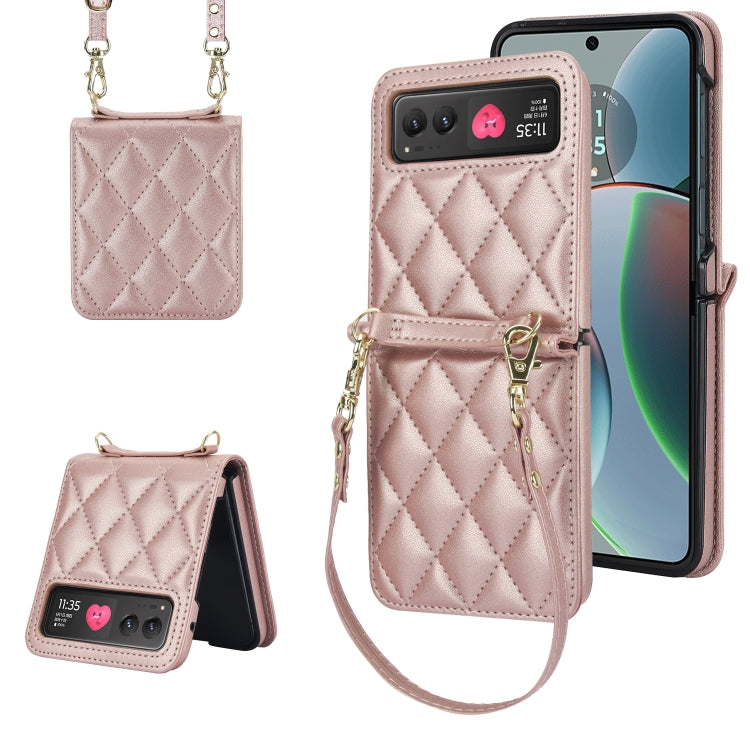 For Motorola Razr 40 Rhombic Texture Phone Case with Long & Short Lanyard(Rose Gold) - Motorola Cases by buy2fix | Online Shopping UK | buy2fix