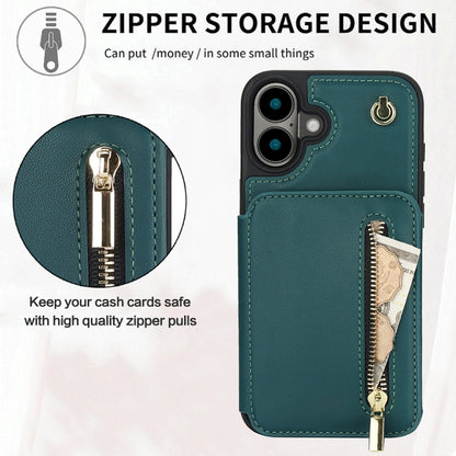 For iPhone 16 YM006 Skin Feel Zipper Card Bag Phone Case with Dual Lanyard(Green) - iPhone 16 Cases by buy2fix | Online Shopping UK | buy2fix