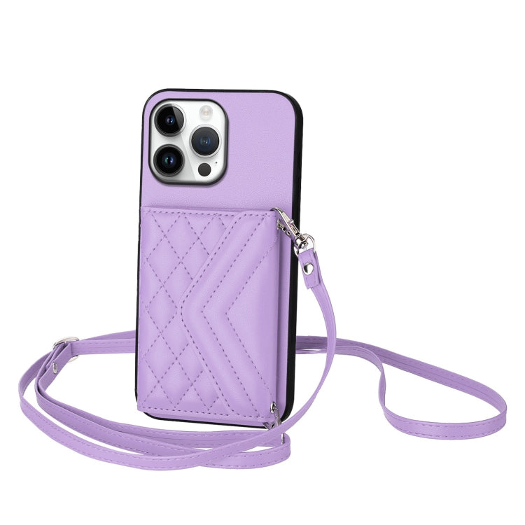 For iPhone 16 Pro Max Rhombic Texture Card Bag RFID Phone Case with Long Lanyard(Light Purple) - iPhone 16 Pro Max Cases by buy2fix | Online Shopping UK | buy2fix