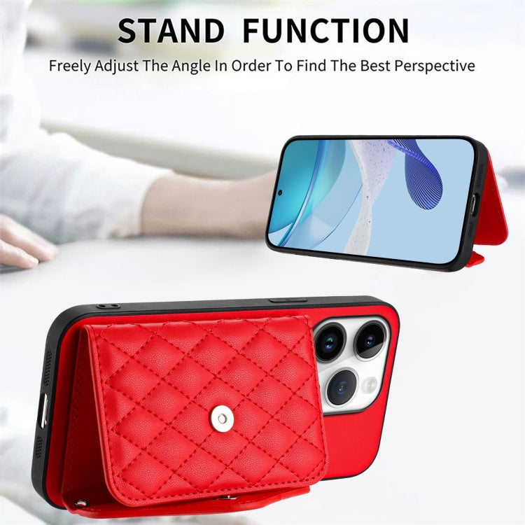 For iPhone 16 Pro Rhombic Texture Card Bag RFID Phone Case with Long Lanyard(Red) - iPhone 16 Pro Cases by buy2fix | Online Shopping UK | buy2fix