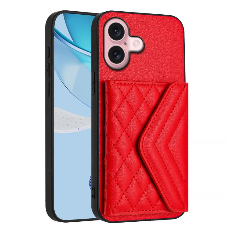 For iPhone 16 Rhombic Texture Card Bag RFID Phone Case with Long Lanyard(Red) - iPhone 16 Cases by buy2fix | Online Shopping UK | buy2fix