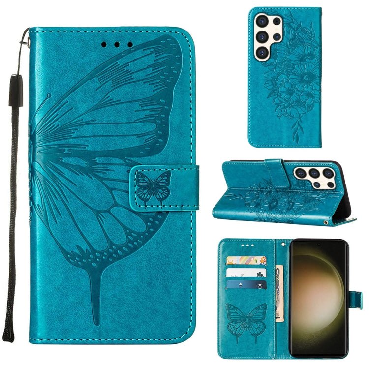 For Samsung Galaxy S24 Ultra 5G Embossed Butterfly Leather Phone Case(Blue) - Galaxy S24 Ultra 5G Cases by buy2fix | Online Shopping UK | buy2fix