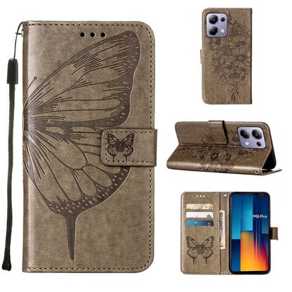 For Xiaomi Poco M6 Pro 4G Embossed Butterfly Leather Phone Case(Grey) - Xiaomi Cases by buy2fix | Online Shopping UK | buy2fix