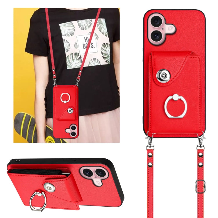 For iPhone 16 Organ Card Bag Ring Holder Phone Case with Long Lanyard(Red) - iPhone 16 Cases by buy2fix | Online Shopping UK | buy2fix