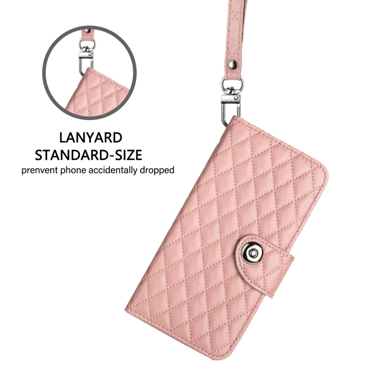 For iPhone 16 Pro Rhombic Texture Flip Leather Phone Case with Lanyard(Coral Pink) - iPhone 16 Pro Cases by buy2fix | Online Shopping UK | buy2fix