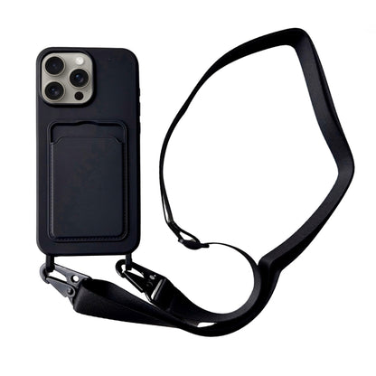 For iPhone 16 Pro Max Card Slot Liquid Silicone Phone Case with Lanyard(Black) - iPhone 16 Pro Max Cases by buy2fix | Online Shopping UK | buy2fix