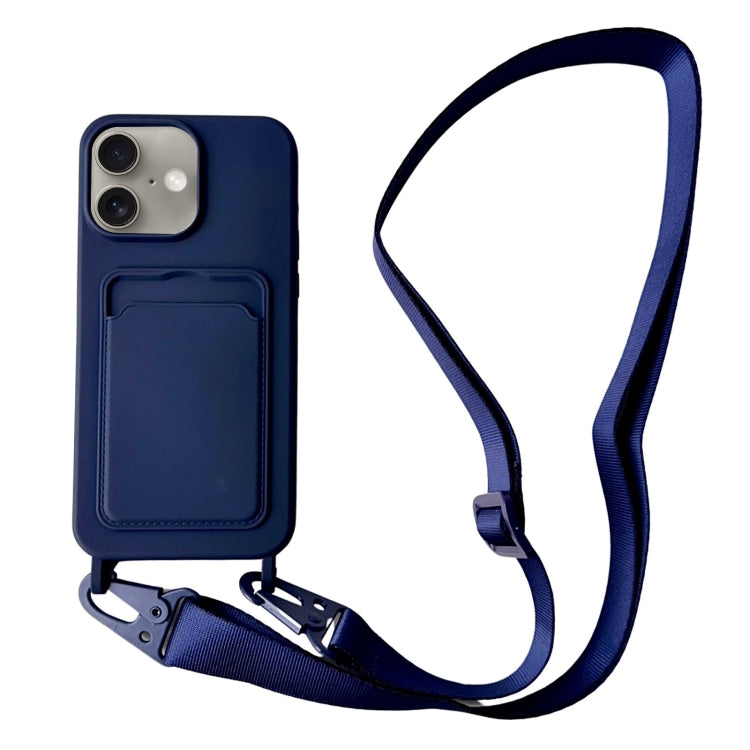 For iPhone 16 Card Slot Liquid Silicone Phone Case with Lanyard(Dark Blue) - iPhone 16 Cases by buy2fix | Online Shopping UK | buy2fix