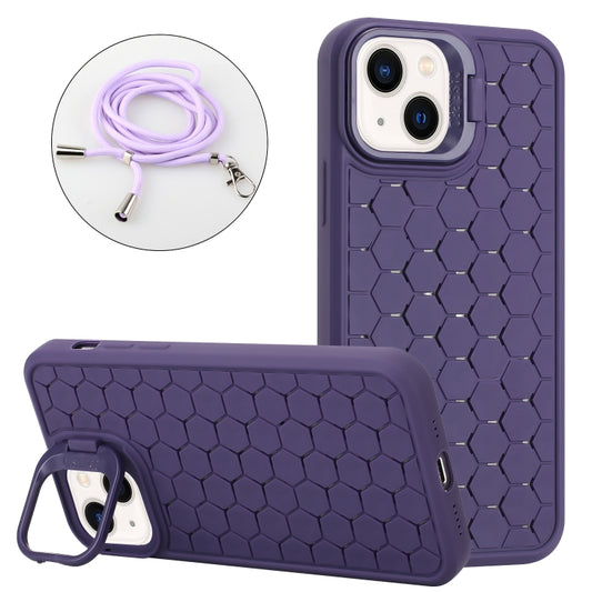 For iPhone 15 Honeycomb Radiating Lens Holder Magsafe Phone Case with Lanyard(Purple) - iPhone 15 Cases by buy2fix | Online Shopping UK | buy2fix