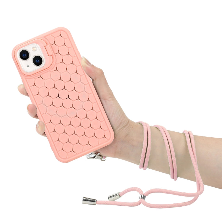 For iPhone 14 Honeycomb Radiating Lens Holder Magsafe Phone Case with Lanyard(Pink) - iPhone 14 Cases by buy2fix | Online Shopping UK | buy2fix