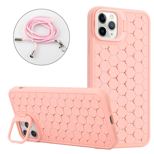 For iPhone 14 Pro Max Honeycomb Radiating Lens Holder Magsafe Phone Case with Lanyard(Pink) - iPhone 14 Pro Max Cases by buy2fix | Online Shopping UK | buy2fix