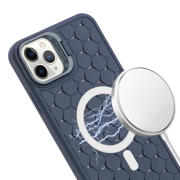 For iPhone 11 Pro Honeycomb Radiating Lens Holder Magsafe Phone Case with Lanyard(Blue) - iPhone 11 Pro Cases by buy2fix | Online Shopping UK | buy2fix