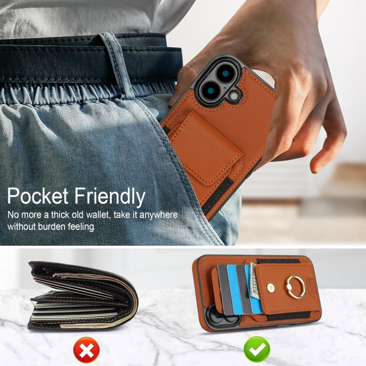 For iPhone 16 Elastic Card Bag Ring Holder Phone Case(Brown) - iPhone 16 Cases by buy2fix | Online Shopping UK | buy2fix