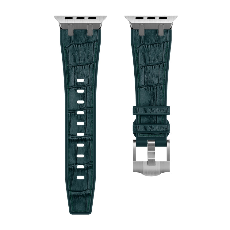 For Apple Watch Series 8 45mm Crocodile Texture Liquid Silicone Watch Band(Silver Deep Green) - Watch Bands by buy2fix | Online Shopping UK | buy2fix