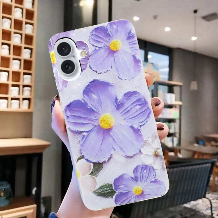 For iPhone 16 Colorful Painting Pattern TPU Phone Case(Purple Flowers) - iPhone 16 Cases by buy2fix | Online Shopping UK | buy2fix