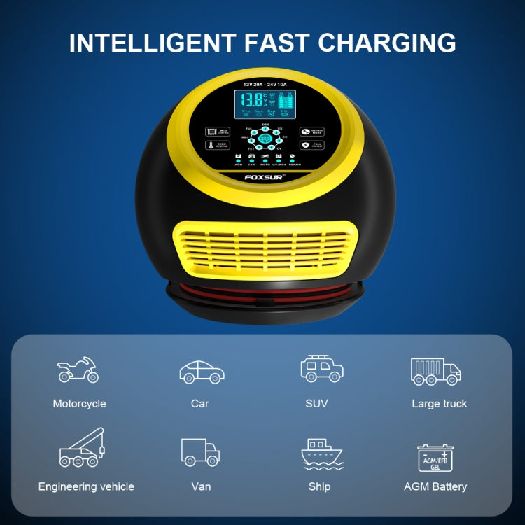 FOXSUR 20A 12V 24V Car / Motorcycle Smart Battery Charger, Plug Type:US Plug(Yellow) - Battery Charger by FOXSUR | Online Shopping UK | buy2fix