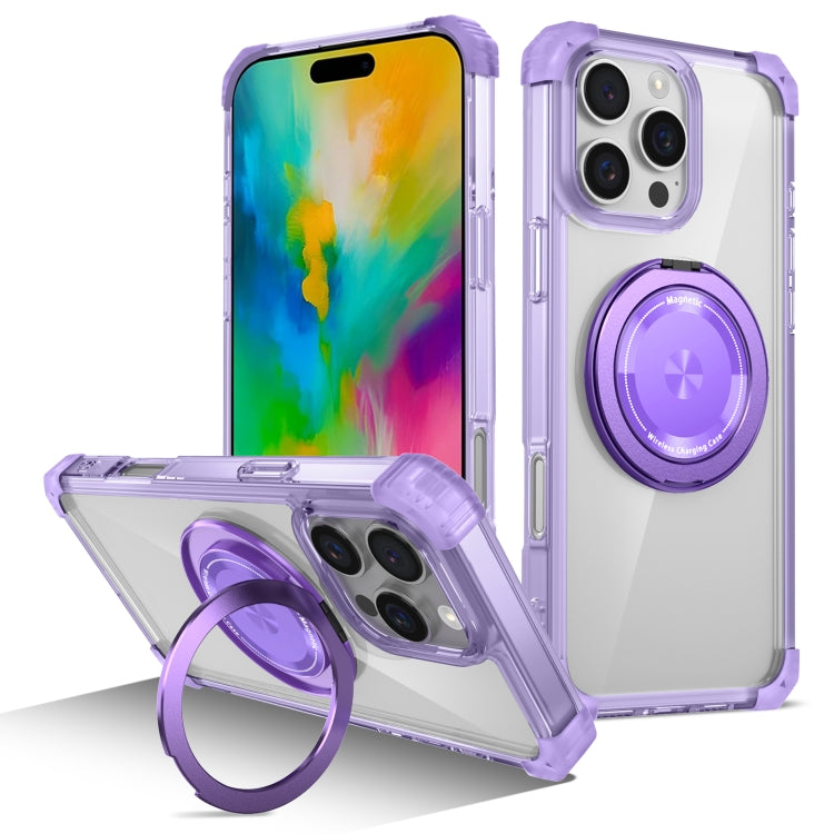 For iPhone 16 Pro Max Gold Shield CD Pattern MagSafe Magnetic Phone Case with Rotating Stand(Transparent Purple) - iPhone 16 Pro Max Cases by buy2fix | Online Shopping UK | buy2fix