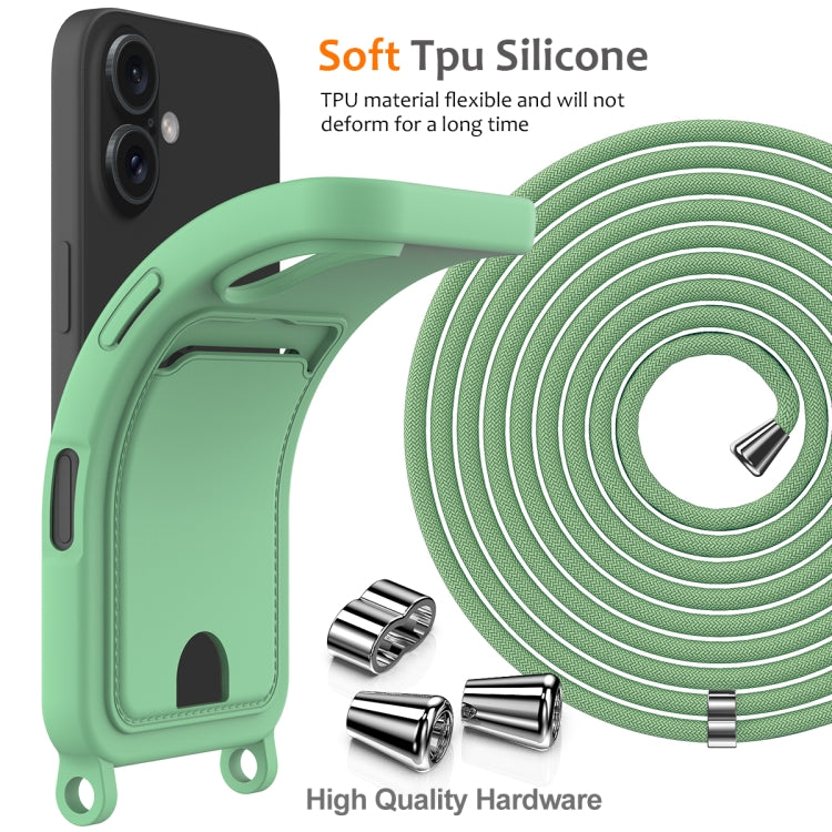 For iPhone 16 Integrated Card Bag Solid Color Liquid Silicone Phone Case with Lanyard(Green) - iPhone 16 Cases by buy2fix | Online Shopping UK | buy2fix