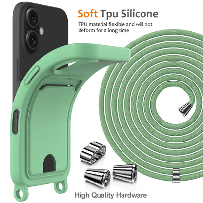 For iPhone 16 Integrated Card Bag Solid Color Liquid Silicone Phone Case with Lanyard(Green) - iPhone 16 Cases by buy2fix | Online Shopping UK | buy2fix