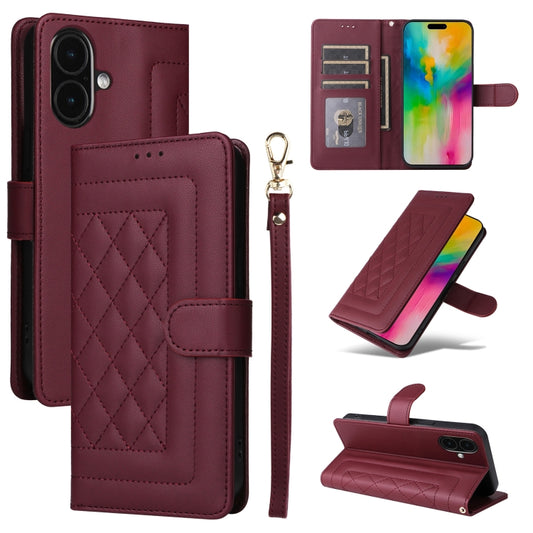 For iPhone 16 Plus Diamond Lattice Leather Flip Phone Case(Wine Red) - iPhone 16 Plus Cases by buy2fix | Online Shopping UK | buy2fix