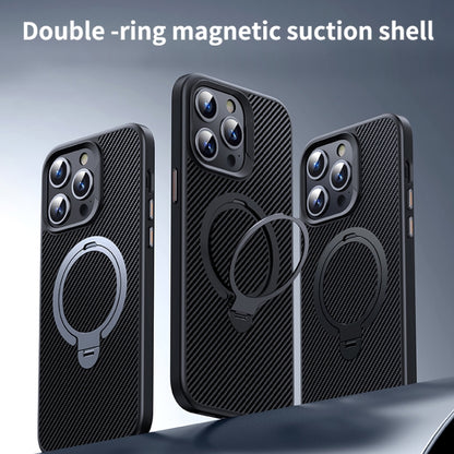 For iPhone 15 Plus / 14 Plus Double Ring MagSafe Holder Carbon Fiber Phone Case(Black) - iPhone 15 Plus Cases by buy2fix | Online Shopping UK | buy2fix