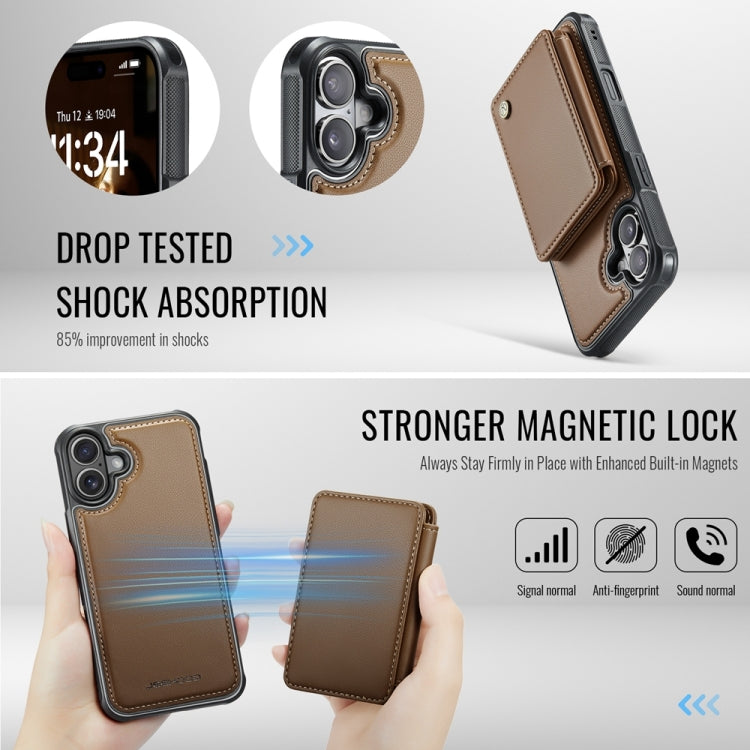 For iPhone 16 JEEHOOD J05 Business Magnetic Style RFID Leather Phone Case(Brown) - iPhone 16 Cases by JEEHOOD | Online Shopping UK | buy2fix