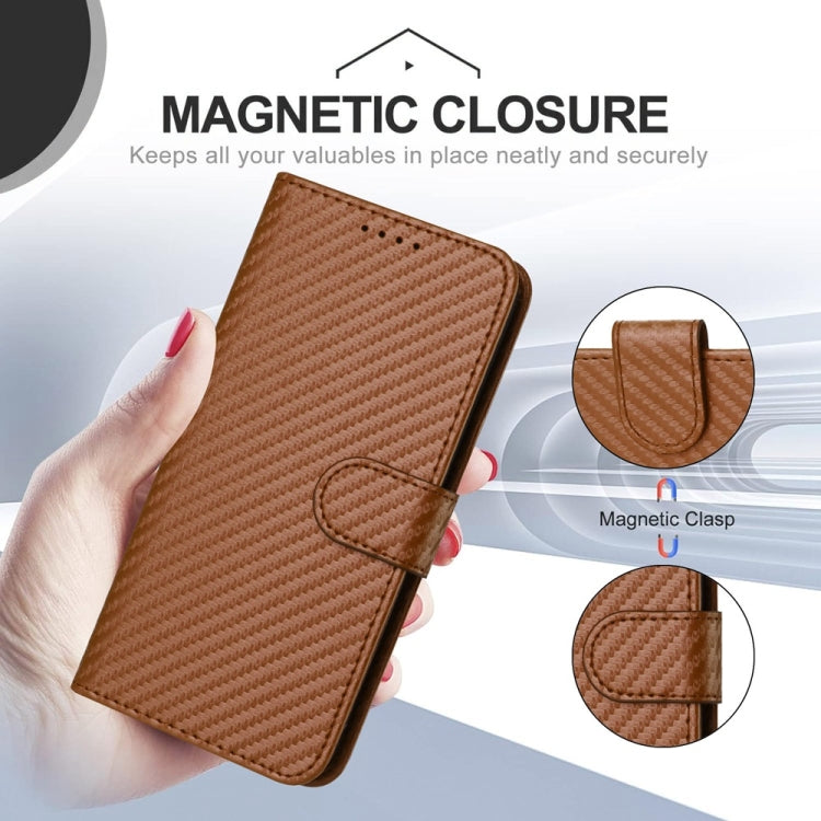 For iPhone 16 YX0070 Carbon Fiber Buckle Leather Phone Case with Lanyard(Coffee) - iPhone 16 Cases by buy2fix | Online Shopping UK | buy2fix